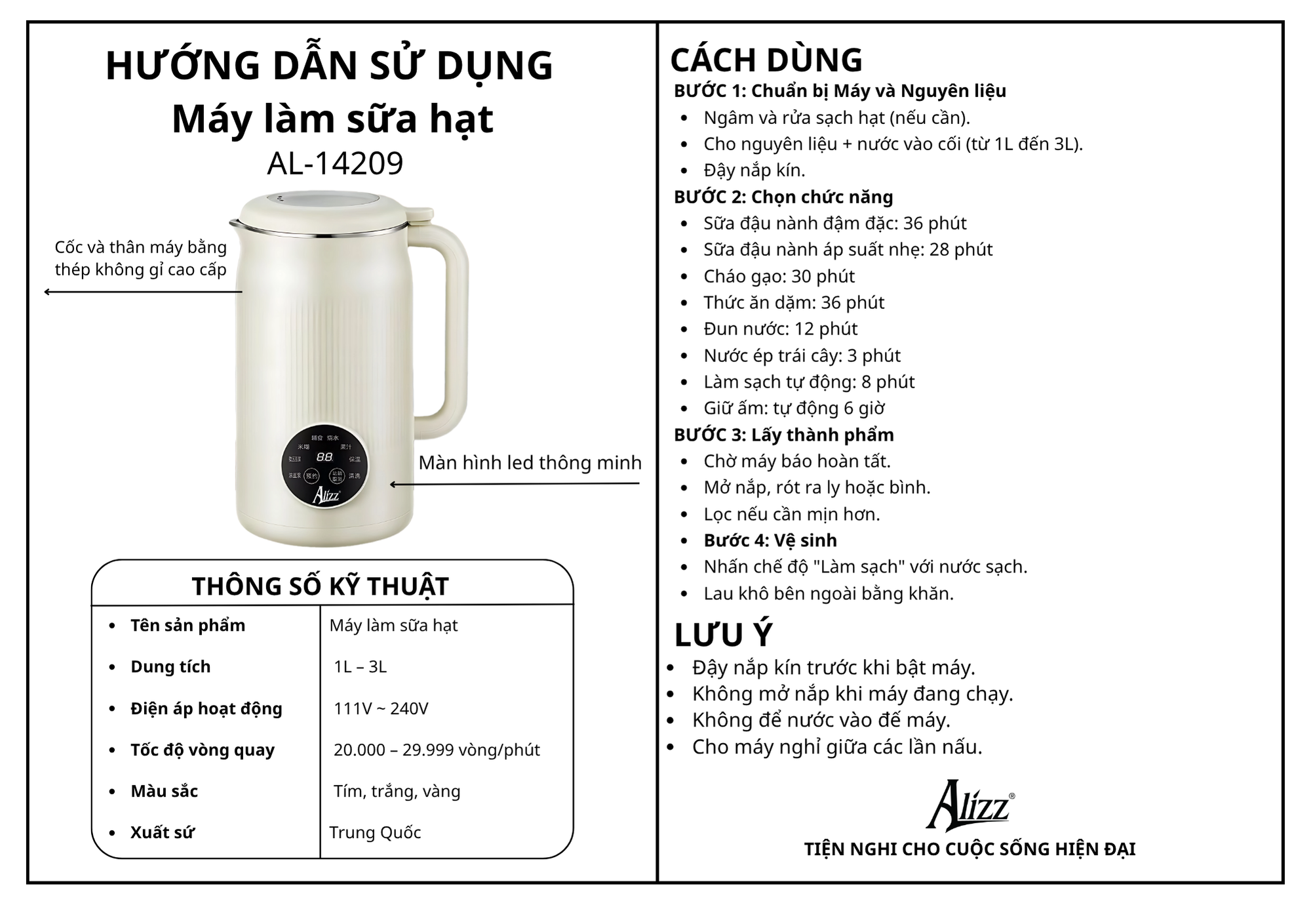 Máy làm sữa hạt ALIZZ AL-14209