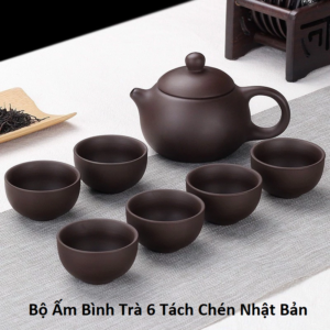 Bộ Ấm Bình Trà 6 Tách Chén Tử Sa Nâu Nhật Bản