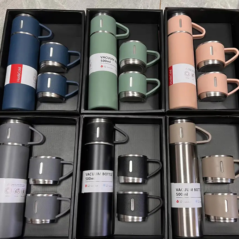 Bình Giữ Nhiệt Cao Cấp 500ml Kèm 2 Cốc Inox Có Quai Làm Quà Tặng, Set Bình Giữ Nhiệt 2 Ly Cách Nhiệt Vacuum Flask