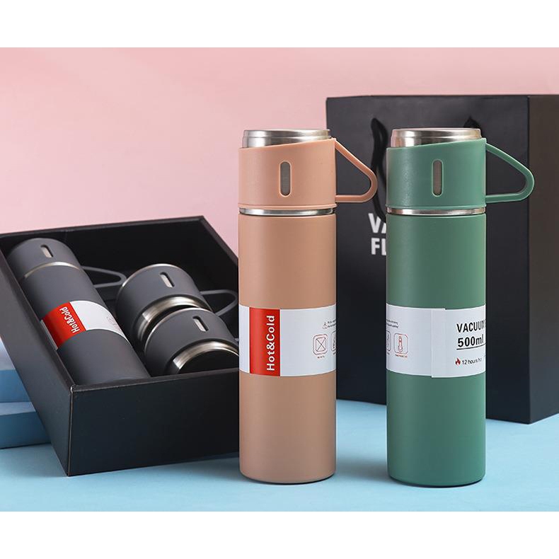 Bình giữ nhiệt VACUUM FLASK SET 500ml kèm 2 cốc - phích nước INOX tặng 2 ly cao cấp