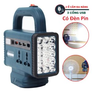 Bộ Chuyển Đổi Nguồn Pin 18V-21V (3A+2 Ổ Cắm) Có 1 Cổng Type-c + Đèn Pin