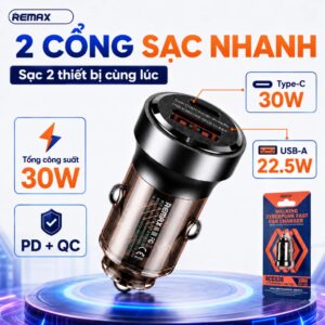 Cốc/ Củ Sạc nhanh 30W xe hơi Remax RCC338. HDDT