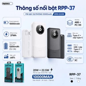 Pin Dự Phòng Sạc Nhanh 22.5W Remax RPP-37 10.000mah. HDDT