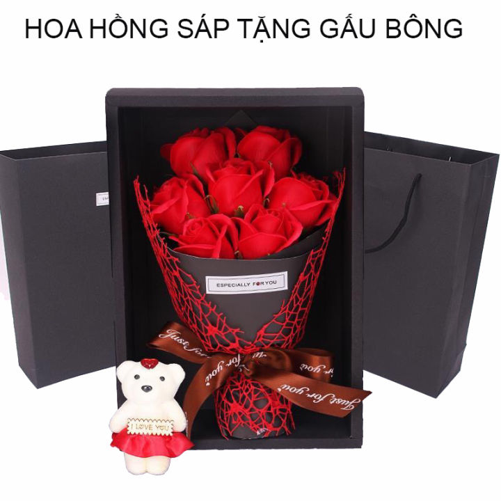 HCM]Hộp Quà Hoa Hồng Sáp Hoa Hồng Sáp 7 Bông Kèm Gấu Xinh Xắn Hoa Hồng Sáp  Thơm Hương Dễ Chịu Thích Hợp Làm Quà Tặng Cho Người Yêu Mẹ Bạn Bè... |