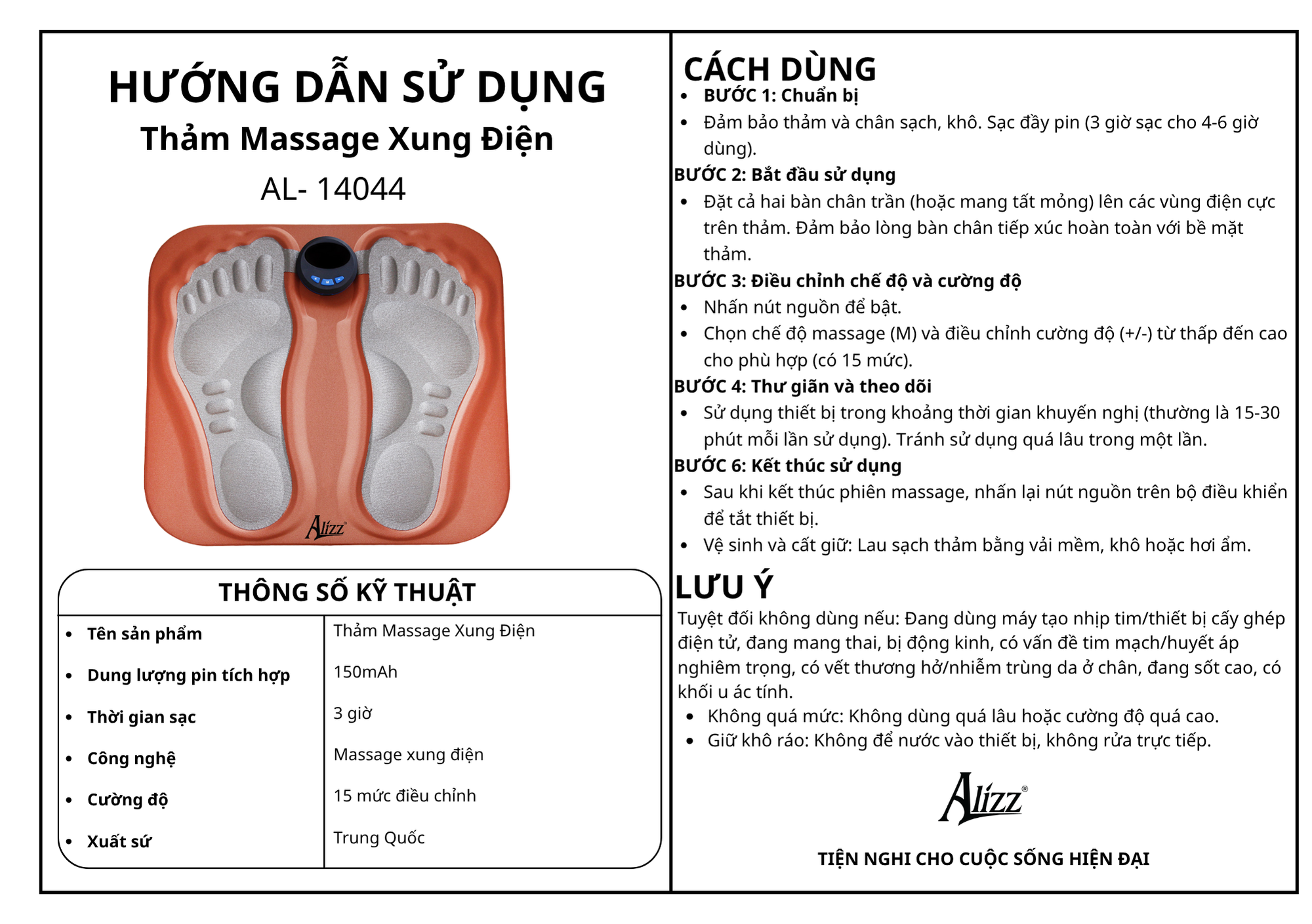 Thảm Massage Xung Điện ALIZZ AL-14044 Trị Liệu Bàn Chân Thông Minh