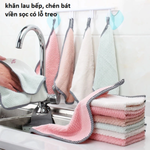 Combo 2 khăn lau bếp, chén bát viền sọc có lỗ treo