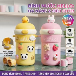 Bình Đựng Nước Kute Hello Có Dây Đeo Sticker 3D 450ml