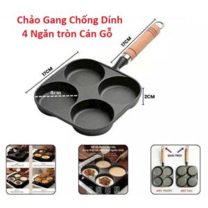 Chảo Gang Chống Dính 4 Ngăn tròn Cán Gỗ 34x17cm. DP