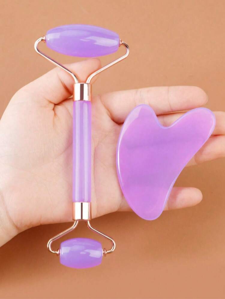 2 pièces Ensemble d'outils de massage Gua Sha pour le visage : 1 pièce  rouleau de massage à double tête, 1 pièce planche Gua Sha en forme de cœur,  le massage facial