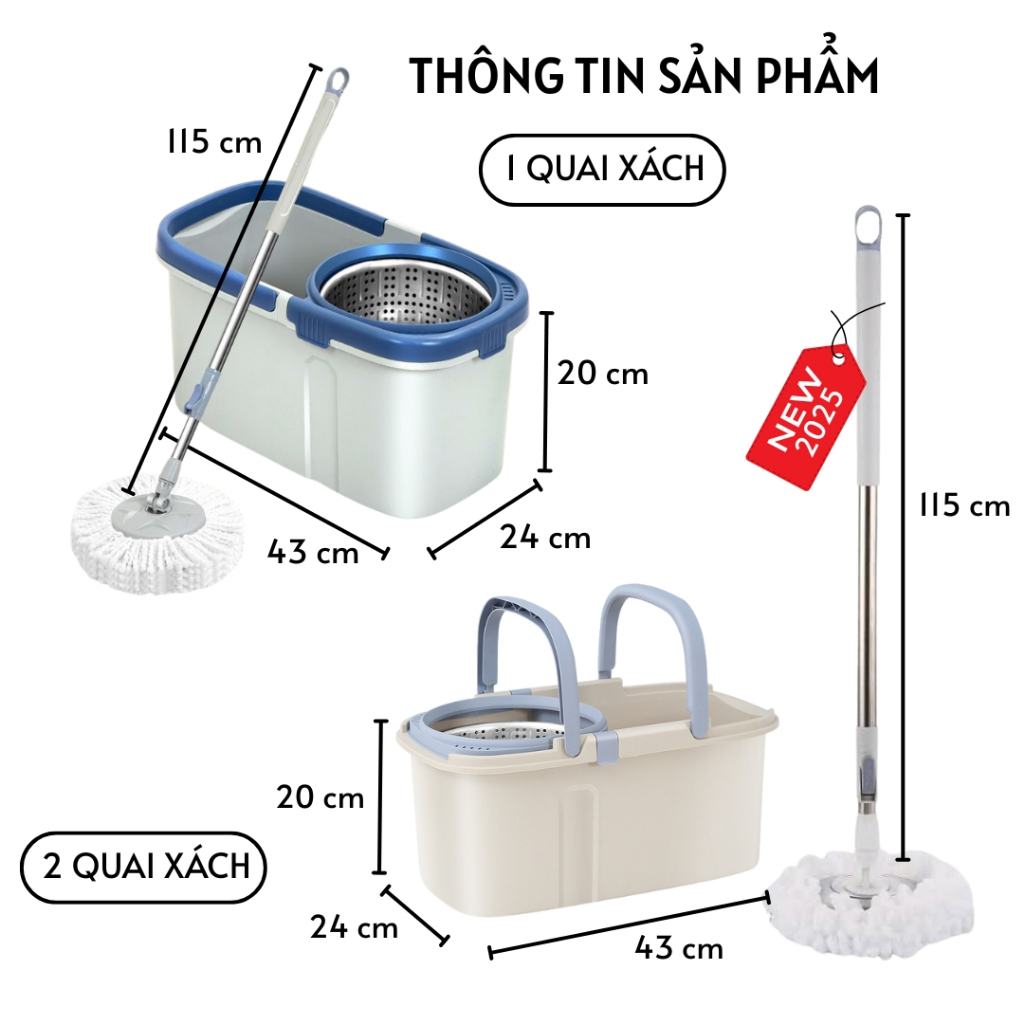 Bộ cây lau nhà 360 độ xoay thông minh bông lau tròn kèm thùng có bánh xe |  Shopee Việt Nam