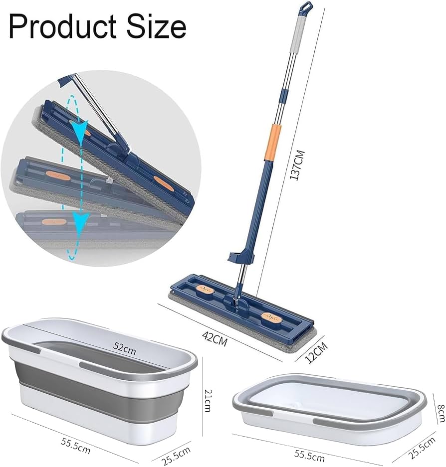 Amazon.com: Large Flat Mop, Self-Contained Dewatering Scraper Mop, 360° Rotating Mop with Scraper, with 2 Microfiber Pads, for Floors, Corner, Window (Blue with Folding Bucket) : Health & Household