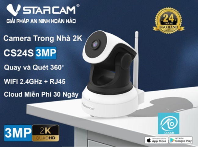 Camera IP Wifi STARCAM C24S 3MP Robo Chính hãng (Đàm thoại 2 chiều, Hồng ngoại 10m, Có LAN, Kèm nguồn 5V) - Vi Tính Phát Đạt - phatdatcomputer.vn