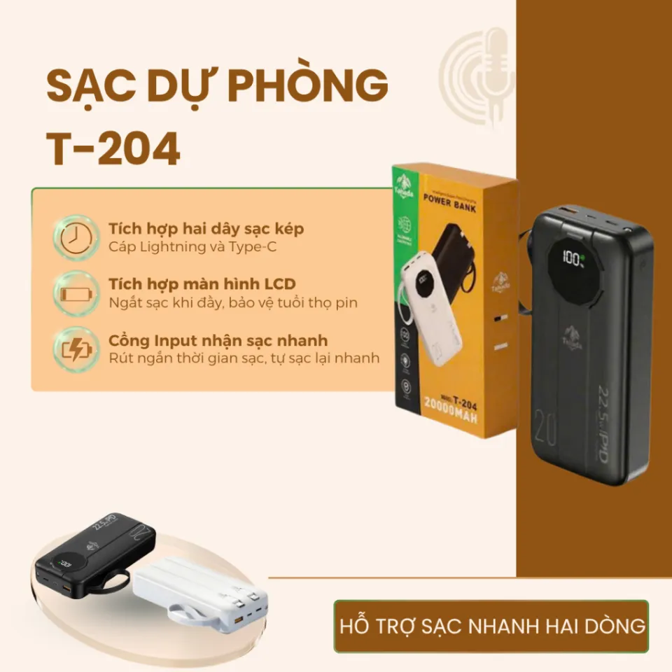 Pin sạc dự phòng Tahada T-204 20000mah sạc nhanh 22.5w pd3.0 kèm cáp tiện lợi cho điện thoại Sạc Dự Phòng 2025 Với 2 Cổng Sạc - Lazada | Lazada Việt Nam