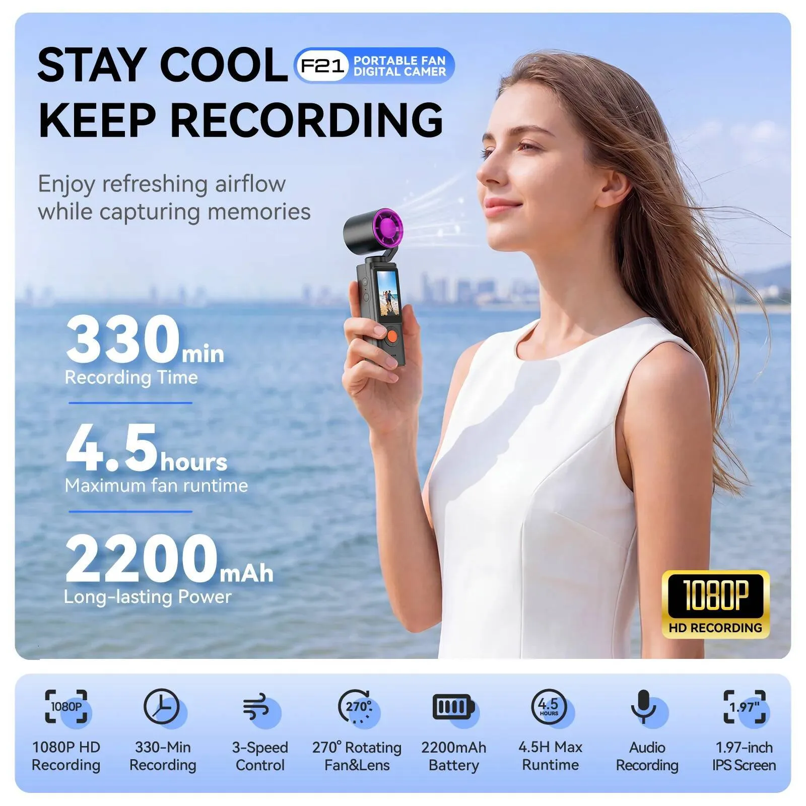 New Fan Action 1080P Handheld 270 Rotatable Pocket Cam 2000mAh 1.97 Screen Compact Camera Vlog Outdoor W260708