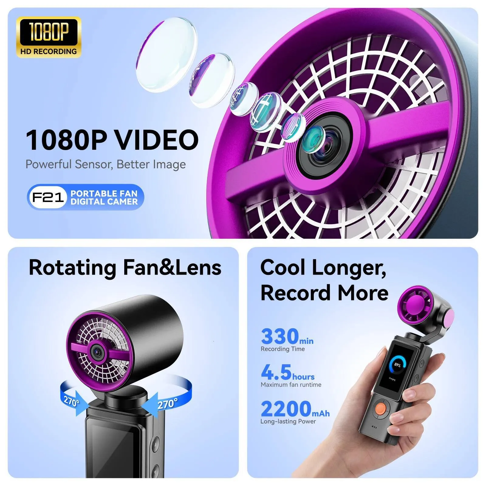 New Fan Action 1080P Handheld 270 Rotatable Pocket Cam 2000mAh 1.97 Screen Compact Camera Vlog Outdoor W260708