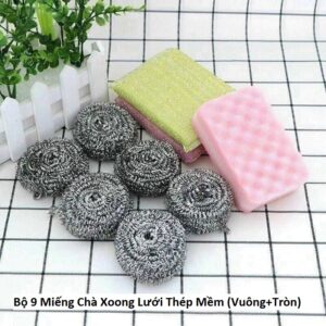 Bộ 9 Miếng Chà Xoong Lưới Thép Mềm (Vuông+Tròn)