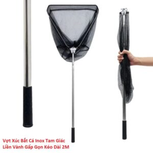 Vợt Xúc Bắt Cá Inox Tam Giác Liền Vành Gấp Gọn Kéo Dài 2M