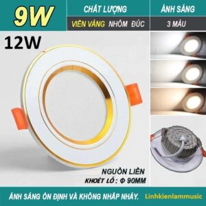 Đèn Led âm trần 9W viền Vàng 3 chế độ màu (Trắng-Vàng-Trung Tính)