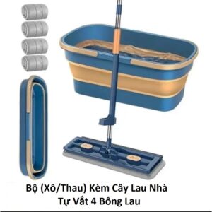 Bộ (Xô/Thau) Kèm Cây Lau Nhà Tự Vắt 4 Bông Lau
