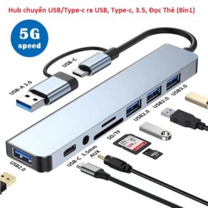 Hub chuyển USB/Type-c ra USB, Type-c, 3.5, Đọc Thẻ (8in1). HDDT