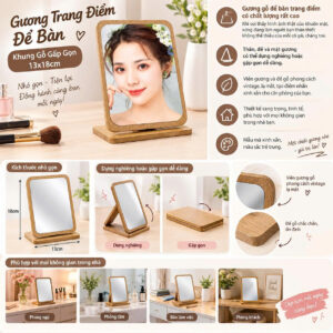 Gương Trang Điểm Để Bàn Khung Gỗ Gấp Gọn 13x18cm. (GDN)