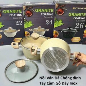 Nồi Vân Đá Chống dính Tay Cầm Gỗ Đáy Inox 20cm. KSWT