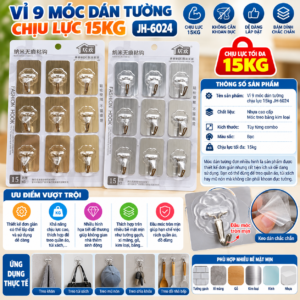 Vỉ 9 móc dán tường chịu lực 15kg JH-6024. DP/G.mi