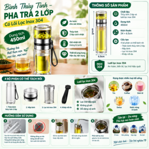 Bình Thủy Tinh Pha Trà 2 Lớp, Có Lõi Lọc Inox 304. 450ml