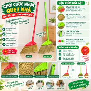 Chổi cước nhựa quét nhà càn nhiều màu đầu vát xéo. K.Châu