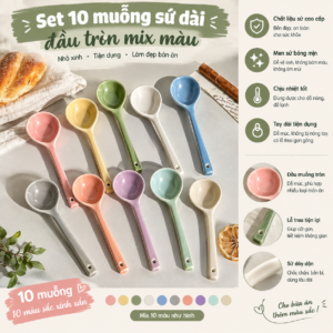 Set 10 muỗng sứ dài đầu tròn mix màu. (GDN)
