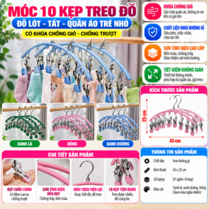 Móc 10 Kẹp Treo Đồ Lót, Tất, Quần Áo Trẻ Nhỏ Có Khóa Chống Gió