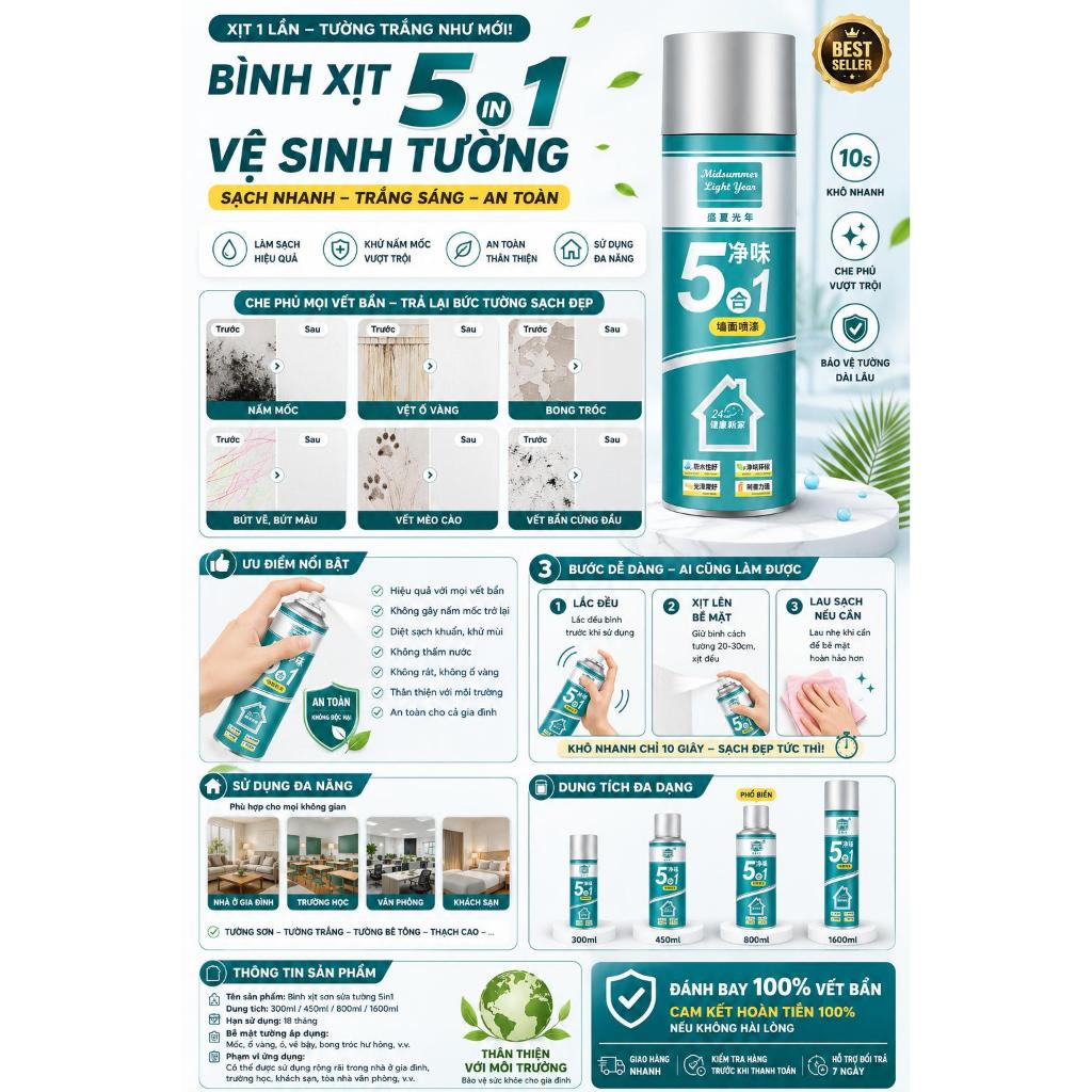 Bình Xịt Sơn Sửa Tường 5in1 800ml – Xịt Sơn Tường Trắng Che Mốc Ố Vàng, Chống Thấm Làm Mới Nhà Nhanh | Shopee Việt Nam