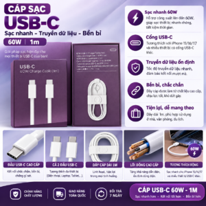 Cáp sạc nhanh 60W iphone 18 (2 đầu type-c) hộp tím. VM