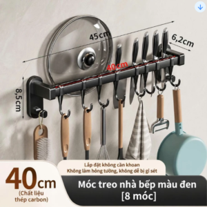 Kệ Sắt Dán Tường Treo Đồ Nhà Bếp NiLa 8 móc 45cm. KSWT