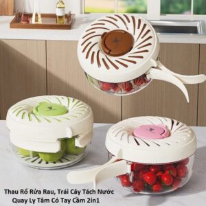Thau Rổ Rửa Rau, Trái Cây Tách Nước Quay Ly Tâm Có Tay Cầm 2in1. KSWT