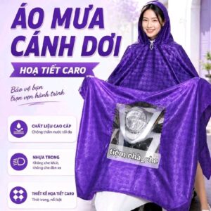 Áo Mưa Cánh Dơi Sọc Caro Có Nhựa Trong Cho Đèn Xe. K.Châu