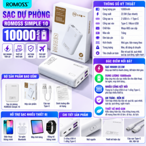 Pin dự phòng sạc nhanh 22.5W Romoss Simple 10.000mah. BP