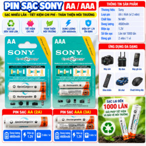 Pin Sony AA (2A)/ AAA (3A) Sạc Được (Vỉ 2 Cục) Hoặc Sạc Pin Tiểu 2a Và 3a Cổng Usb 3 Khe