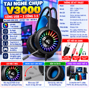 Tai Nghe Chụp V3000 Cổng USB+2 cổng 3.5