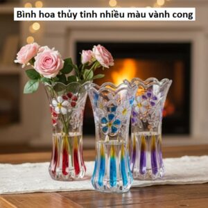 Bình hoa thủy tinh nhiều màu vành cong 20cm